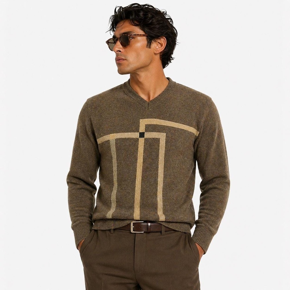 70s Vintage Lambswool Mod Sweater Mens M Geometric Brown V Neck Modernist Knit